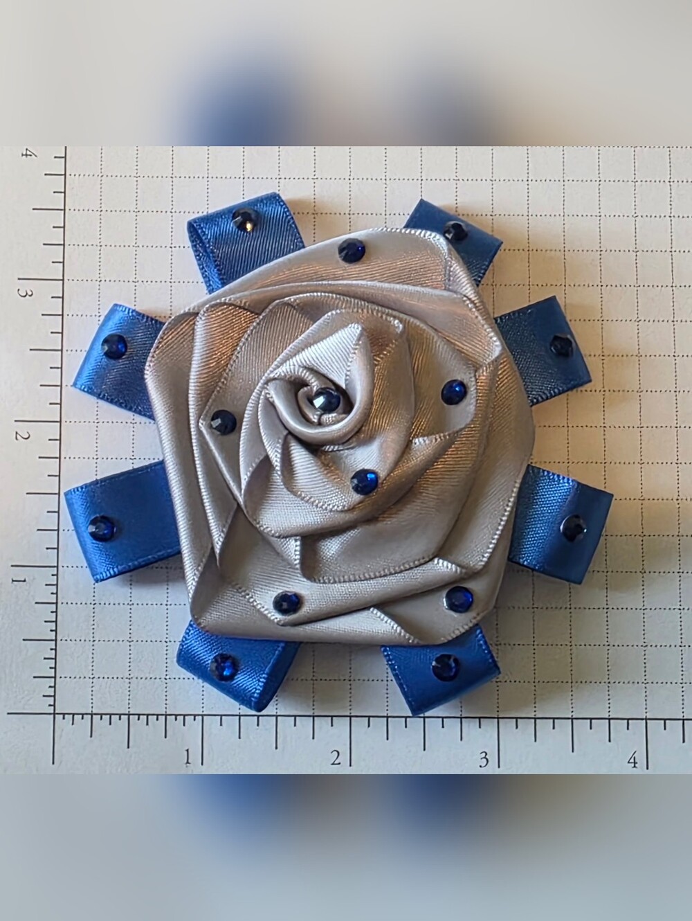 Silver and Royal Blue Satin Rose Hair Clip